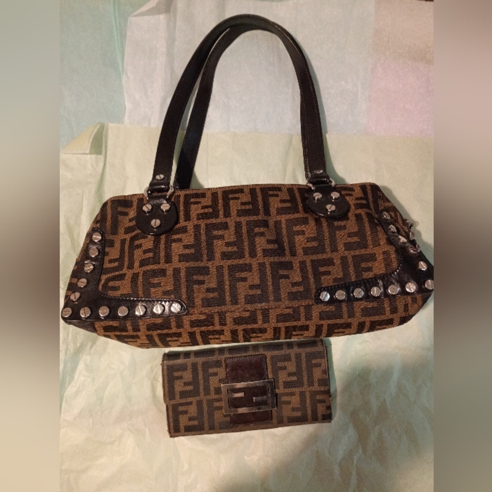 Steal Of A Deal!  Authentic purse & Wallet Fendi Vintage Zucca Canvas with Studs